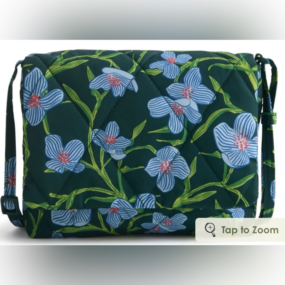 Vera Bradley Quilted Floral Crossbody Bag/Blue & Green. 7.5" W x 6.5" H x 1.5".